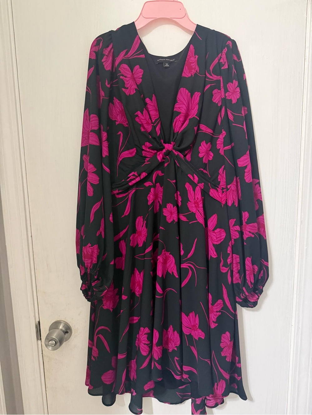 Banana Republic Black Dress with Fuchsia Floral Print, Long Sleeve